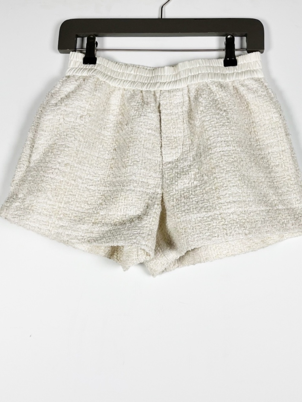 NEW Eaves Shani Cotton Wool Blend Tweed Boucle Textured Woven Mini Shorts Ivory